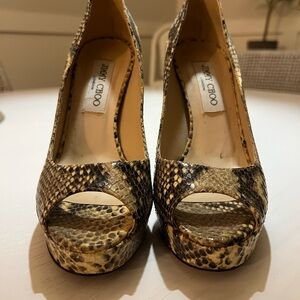 Jimmy Choo Snakeskin Stiletto Peep Toe Heels